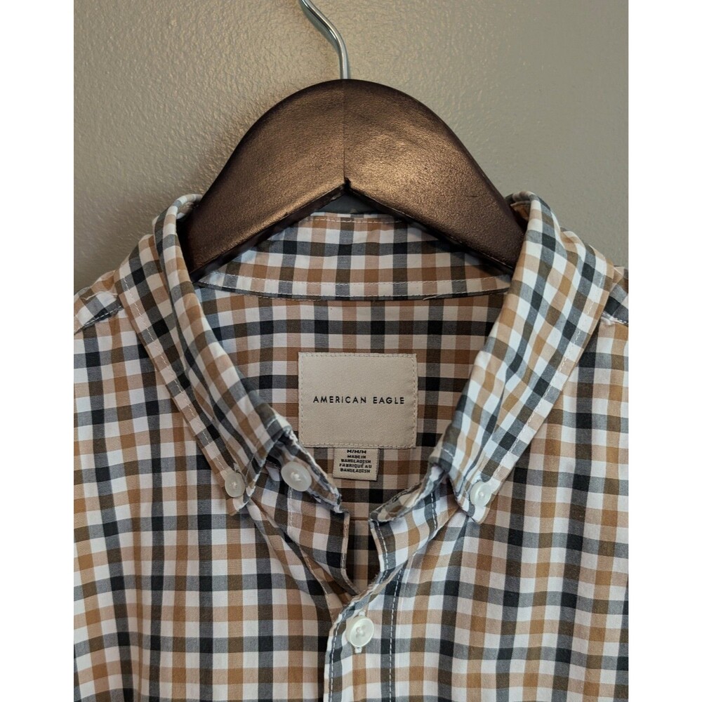 American Eagle Mens Medium M Brown Gingham Plaid Shirt Button Down Earth Tones